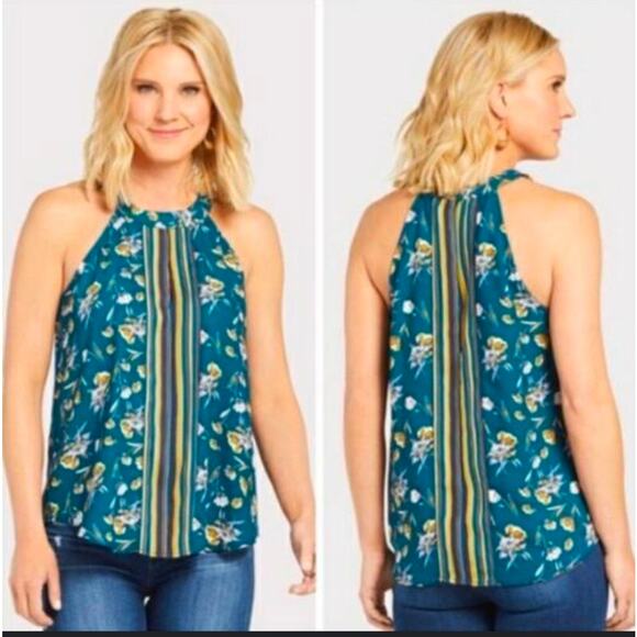 Evereve Allison Joy Jasmine High Neck Sleeveless Floral Mix Pattern Blouse Sz L - Picture 1 of 5